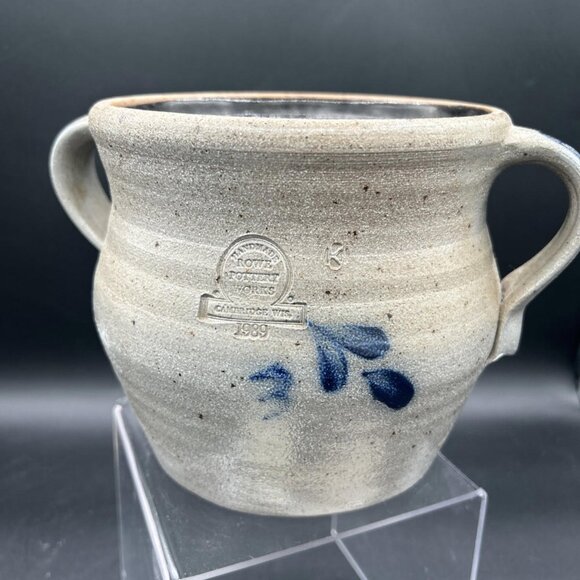 Rowe Pottery Works Cow Stoneware Salt-Glazed Crock 1965 Blue Grey, Bean Pot - Picture 9 of 11